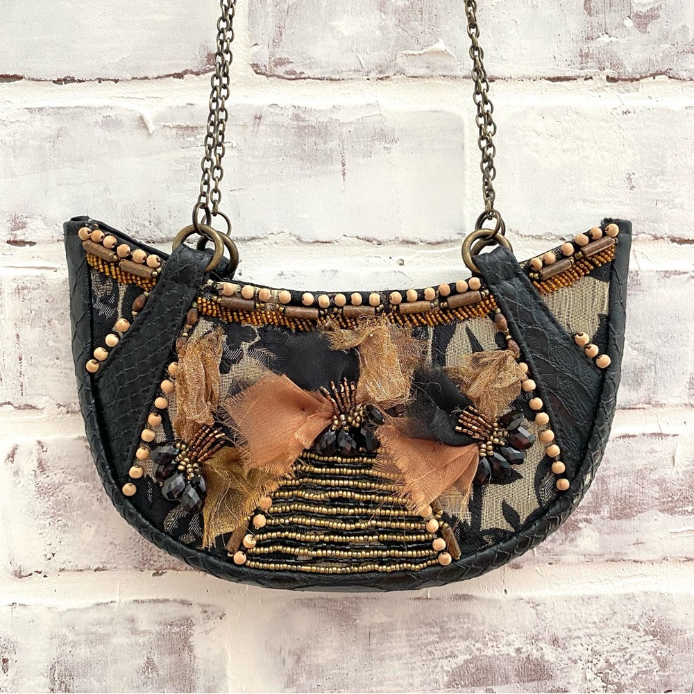 Mary Frances • Half Moon Crocodile Leather Beaded Crossbody Clutch • Vintage